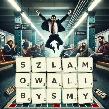 Kreatywna ilustracja do gry w Scrabble ze słowem SZLAMOWALIBYŚMY ułożonym z płytek na planszy.