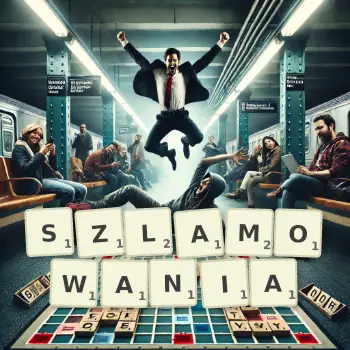 Kreatywna ilustracja do gry w Scrabble ze słowem SZLAMOWANIA ułożonym z płytek na planszy.
