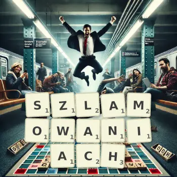 Kreatywna ilustracja do gry w Scrabble ze słowem SZLAMOWANIACH ułożonym z płytek na planszy.