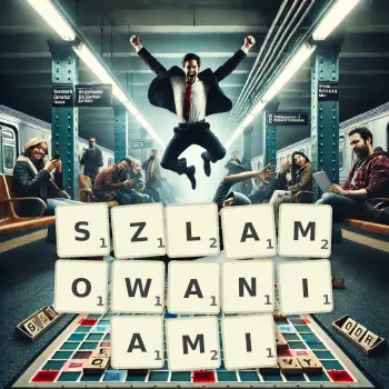 Kreatywna ilustracja do gry w Scrabble ze słowem SZLAMOWANIAMI ułożonym z płytek na planszy.
