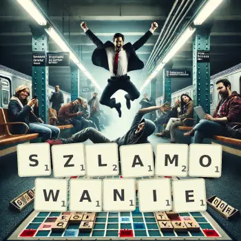 Kreatywna ilustracja do gry w Scrabble ze słowem SZLAMOWANIE ułożonym z płytek na planszy.