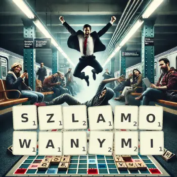 Kreatywna ilustracja do gry w Scrabble ze słowem SZLAMOWANYMI ułożonym z płytek na planszy.