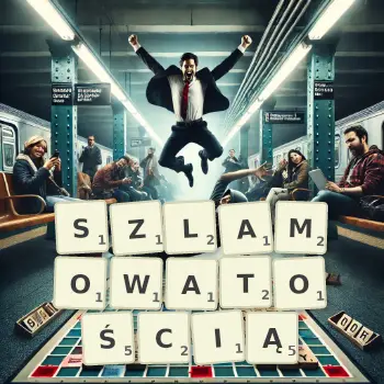 Kreatywna ilustracja do gry w Scrabble ze słowem SZLAMOWATOŚCIĄ ułożonym z płytek na planszy.