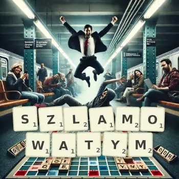 Kreatywna ilustracja do gry w Scrabble ze słowem SZLAMOWATYM ułożonym z płytek na planszy.