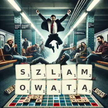 Kreatywna ilustracja do gry w Scrabble ze słowem SZLAMOWATĄ ułożonym z płytek na planszy.