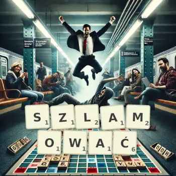 Kreatywna ilustracja do gry w Scrabble ze słowem SZLAMOWAĆ ułożonym z płytek na planszy.