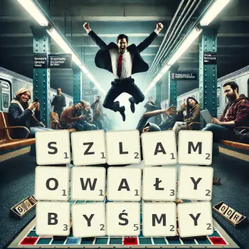 Kreatywna ilustracja do gry w Scrabble ze słowem SZLAMOWAŁYBYŚMY ułożonym z płytek na planszy.
