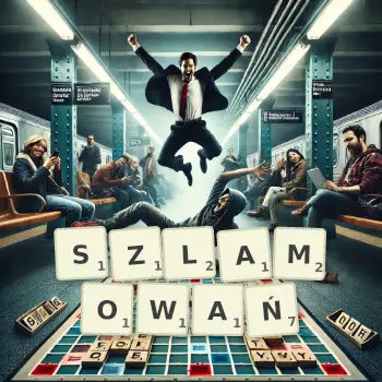 Kreatywna ilustracja do gry w Scrabble ze słowem SZLAMOWAŃ ułożonym z płytek na planszy.