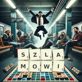 Kreatywna ilustracja do gry w Scrabble ze słowem SZLAMOWI ułożonym z płytek na planszy.