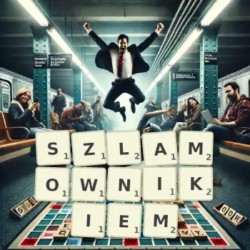 Kreatywna ilustracja do gry w Scrabble ze słowem SZLAMOWNIKIEM ułożonym z płytek na planszy.