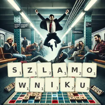 Kreatywna ilustracja do gry w Scrabble ze słowem SZLAMOWNIKU ułożonym z płytek na planszy.