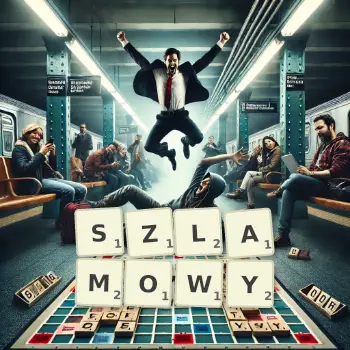 Kreatywna ilustracja do gry w Scrabble ze słowem SZLAMOWY ułożonym z płytek na planszy.