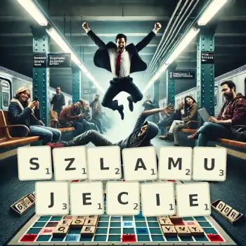 Kreatywna ilustracja do gry w Scrabble ze słowem SZLAMUJECIE ułożonym z płytek na planszy.