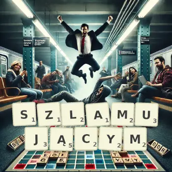 Kreatywna ilustracja do gry w Scrabble ze słowem SZLAMUJĄCYM ułożonym z płytek na planszy.