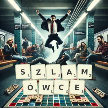 Kreatywna ilustracja do gry w Scrabble ze słowem SZLAMÓWCE ułożonym z płytek na planszy.