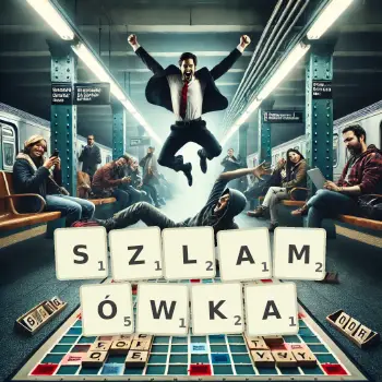 Kreatywna ilustracja do gry w Scrabble ze słowem SZLAMÓWKA ułożonym z płytek na planszy.