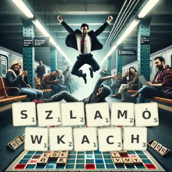 Kreatywna ilustracja do gry w Scrabble ze słowem SZLAMÓWKACH ułożonym z płytek na planszy.