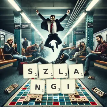 Kreatywna ilustracja do gry w Scrabble ze słowem SZLANGI ułożonym z płytek na planszy.