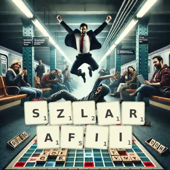 Kreatywna ilustracja do gry w Scrabble ze słowem SZLARAFII ułożonym z płytek na planszy.