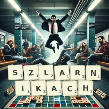 Kreatywna ilustracja do gry w Scrabble ze słowem SZLARNIKACH ułożonym z płytek na planszy.
