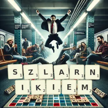 Kreatywna ilustracja do gry w Scrabble ze słowem SZLARNIKIEM ułożonym z płytek na planszy.