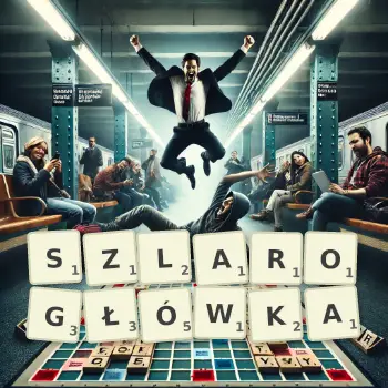 Kreatywna ilustracja do gry w Scrabble ze słowem SZLAROGŁÓWKA ułożonym z płytek na planszy.