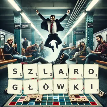 Kreatywna ilustracja do gry w Scrabble ze słowem SZLAROGŁÓWKI ułożonym z płytek na planszy.