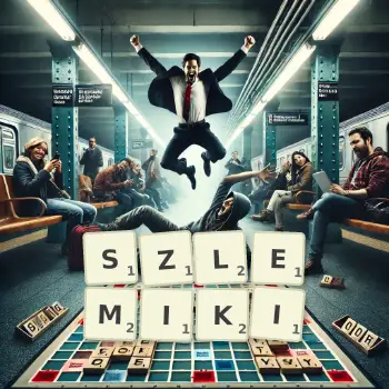 Kreatywna ilustracja do gry w Scrabble ze słowem SZLEMIKI ułożonym z płytek na planszy.