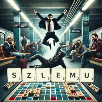 Kreatywna ilustracja do gry w Scrabble ze słowem SZLEMU ułożonym z płytek na planszy.
