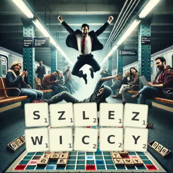 Kreatywna ilustracja do gry w Scrabble ze słowem SZLEZWICCY ułożonym z płytek na planszy.