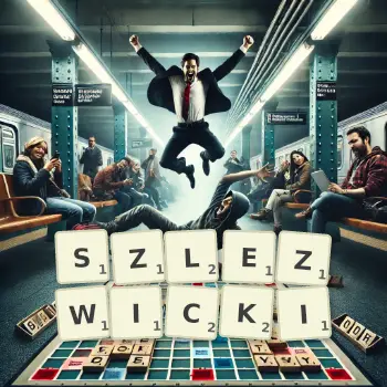 Kreatywna ilustracja do gry w Scrabble ze słowem SZLEZWICKI ułożonym z płytek na planszy.