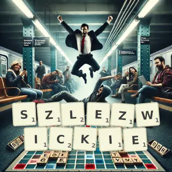 Kreatywna ilustracja do gry w Scrabble ze słowem SZLEZWICKIE ułożonym z płytek na planszy.