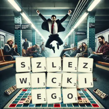 Kreatywna ilustracja do gry w Scrabble ze słowem SZLEZWICKIEGO ułożonym z płytek na planszy.