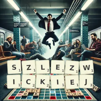 Kreatywna ilustracja do gry w Scrabble ze słowem SZLEZWICKIEJ ułożonym z płytek na planszy.
