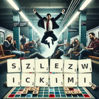 Kreatywna ilustracja do gry w Scrabble ze słowem SZLEZWICKIMI ułożonym z płytek na planszy.