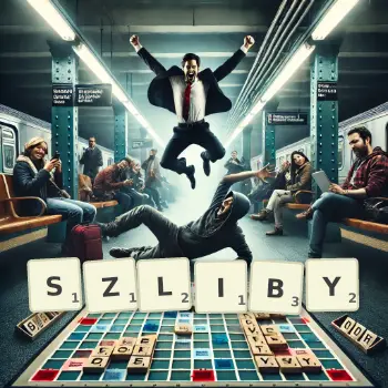 Kreatywna ilustracja do gry w Scrabble ze słowem SZLIBY ułożonym z płytek na planszy.