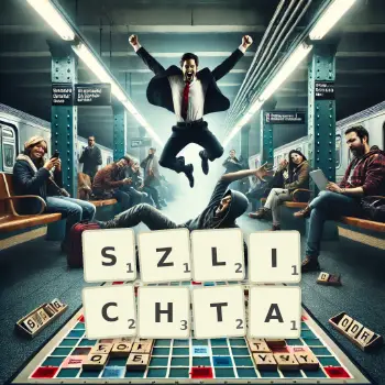 Kreatywna ilustracja do gry w Scrabble ze słowem SZLICHTA ułożonym z płytek na planszy.