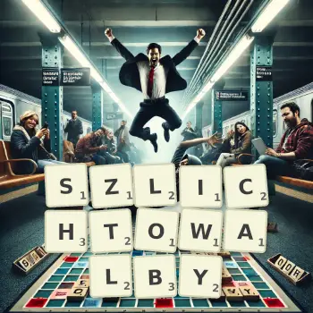 Kreatywna ilustracja do gry w Scrabble ze słowem SZLICHTOWALBY ułożonym z płytek na planszy.