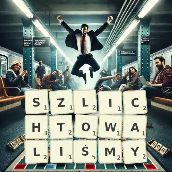 Kreatywna ilustracja do gry w Scrabble ze słowem SZLICHTOWALIŚMY ułożonym z płytek na planszy.