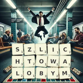 Kreatywna ilustracja do gry w Scrabble ze słowem SZLICHTOWALOBYM ułożonym z płytek na planszy.