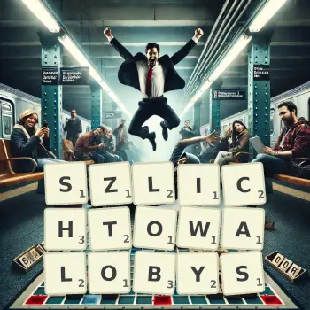 Kreatywna ilustracja do gry w Scrabble ze słowem SZLICHTOWALOBYS ułożonym z płytek na planszy.