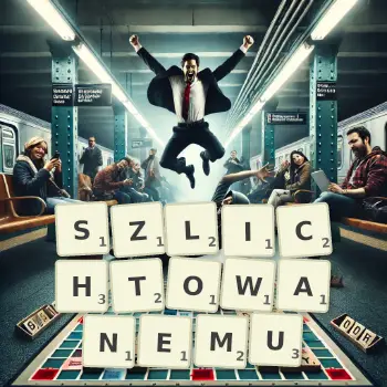 Kreatywna ilustracja do gry w Scrabble ze słowem SZLICHTOWANEMU ułożonym z płytek na planszy.