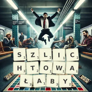 Kreatywna ilustracja do gry w Scrabble ze słowem SZLICHTOWAŁABY ułożonym z płytek na planszy.
