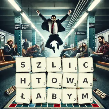 Kreatywna ilustracja do gry w Scrabble ze słowem SZLICHTOWAŁABYM ułożonym z płytek na planszy.