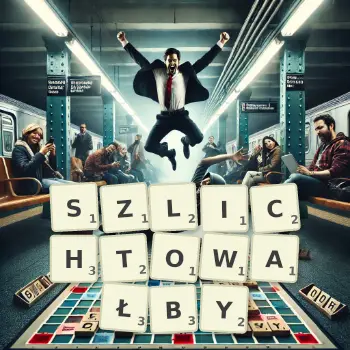 Kreatywna ilustracja do gry w Scrabble ze słowem SZLICHTOWAŁBY ułożonym z płytek na planszy.