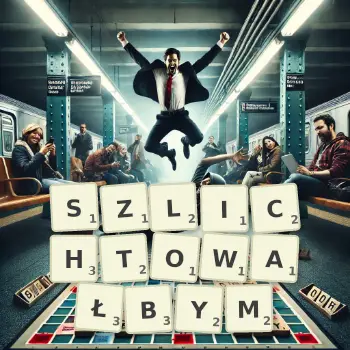 Kreatywna ilustracja do gry w Scrabble ze słowem SZLICHTOWAŁBYM ułożonym z płytek na planszy.