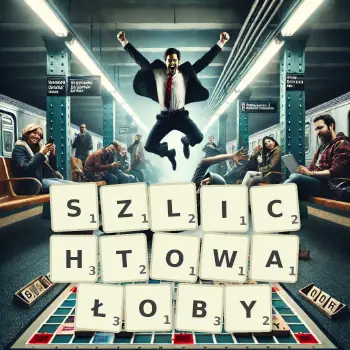 Kreatywna ilustracja do gry w Scrabble ze słowem SZLICHTOWAŁOBY ułożonym z płytek na planszy.