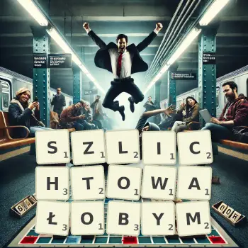 Kreatywna ilustracja do gry w Scrabble ze słowem SZLICHTOWAŁOBYM ułożonym z płytek na planszy.
