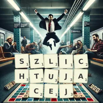 Kreatywna ilustracja do gry w Scrabble ze słowem SZLICHTUJACEJ ułożonym z płytek na planszy.