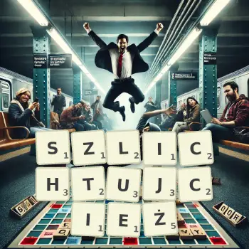 Kreatywna ilustracja do gry w Scrabble ze słowem SZLICHTUJCIEŻ ułożonym z płytek na planszy.